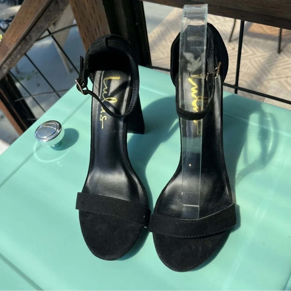 Lulu’s Taylor Black Vegan Suede Ankle Strap High Heel Sandals 6.5